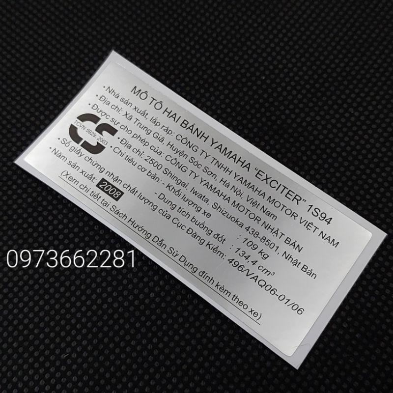 Tem thông số năm Sản xuất EXCITER 2008.1S94, Tem dán càng gắp, gấp
