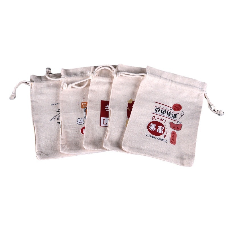 Túi vải canvas dây rút 10x14cm in hình dễ thương đựng quà, làm quà tặng, đựng trang sức, mỹ phẩm, băng vệ sinh