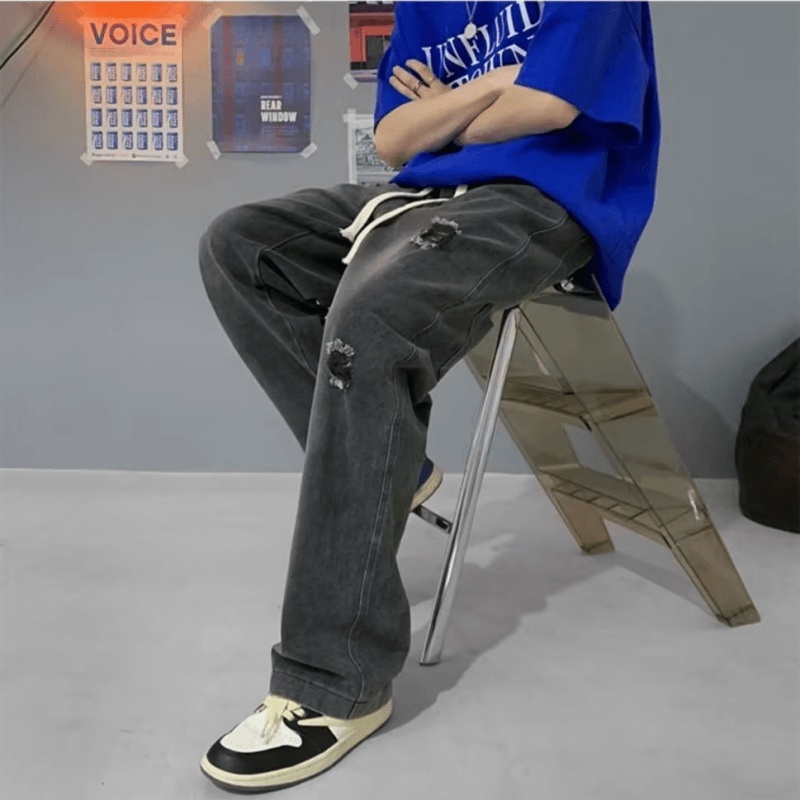 Quần Jean Dài Oversize Chống Mài Mòn Thêu Họa Tiết Thời Trang Phong Cách Hàn Quốc Cho Nam Size S-3XL