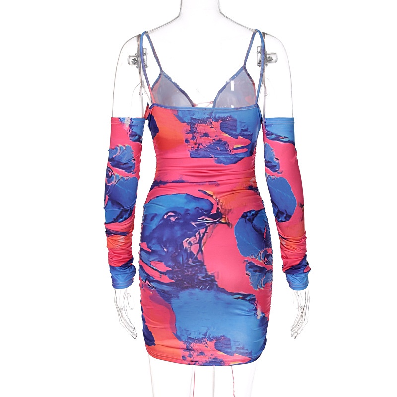 DUNEA Đầm body tay dài cổ chữ V hoạ tiết in thiết kế ôm sát tôn dáng