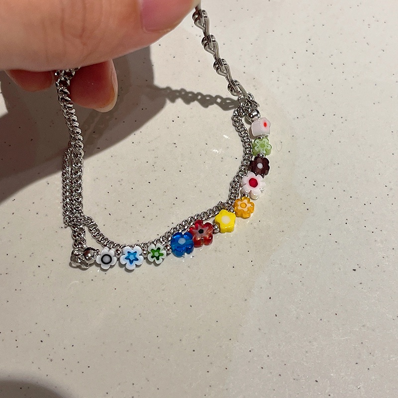 Vòng Đeo Tay Hai Lớp Họa Tiết Hoa Nhỏ Tráng Men Nhiều Màu Sắc Phong Cách Hàn Quốc 19A159