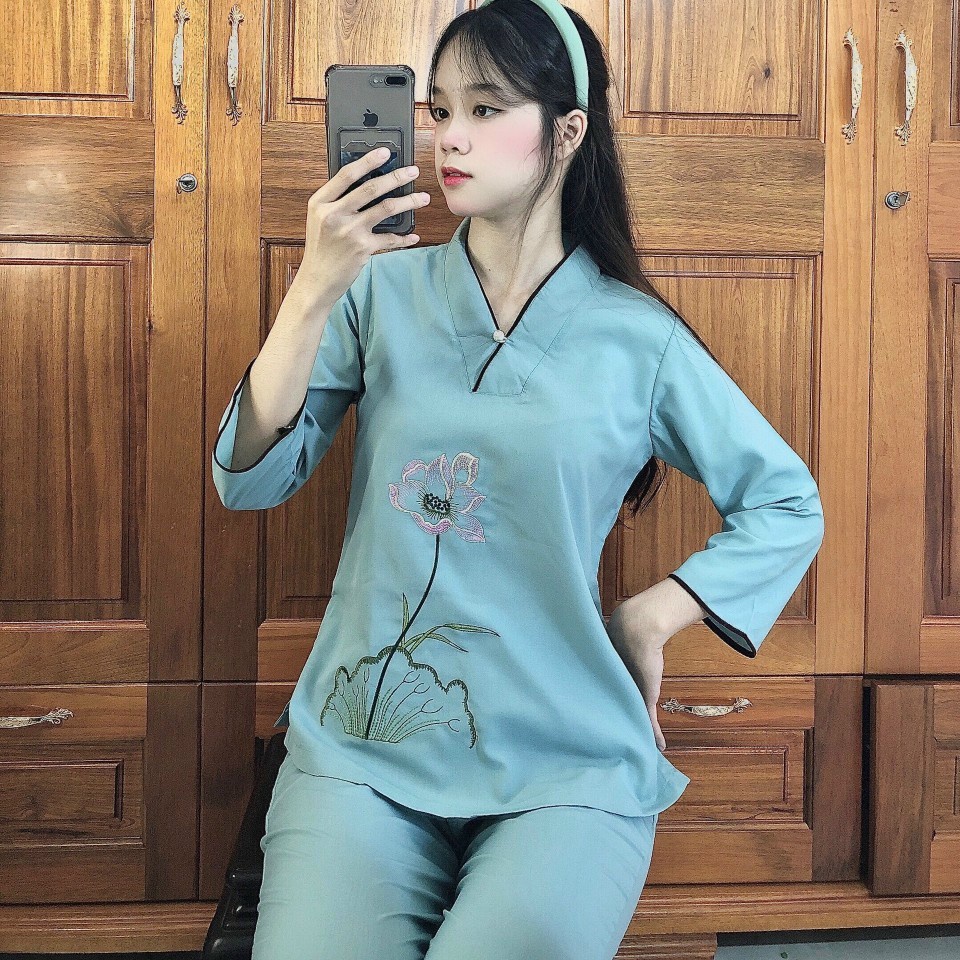 Quần Áo nữ Phật Tử, đồ lam Đi Chùa mẫu NÚT NGỌC mã A11