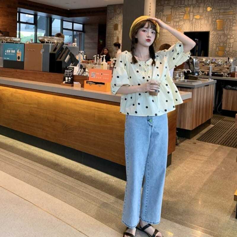 Áo Sơ Mi Tay Ngắn Dáng Rộng Họa Tiết Chấm Bi Thời Trang Cho Nữ JL-TX-183