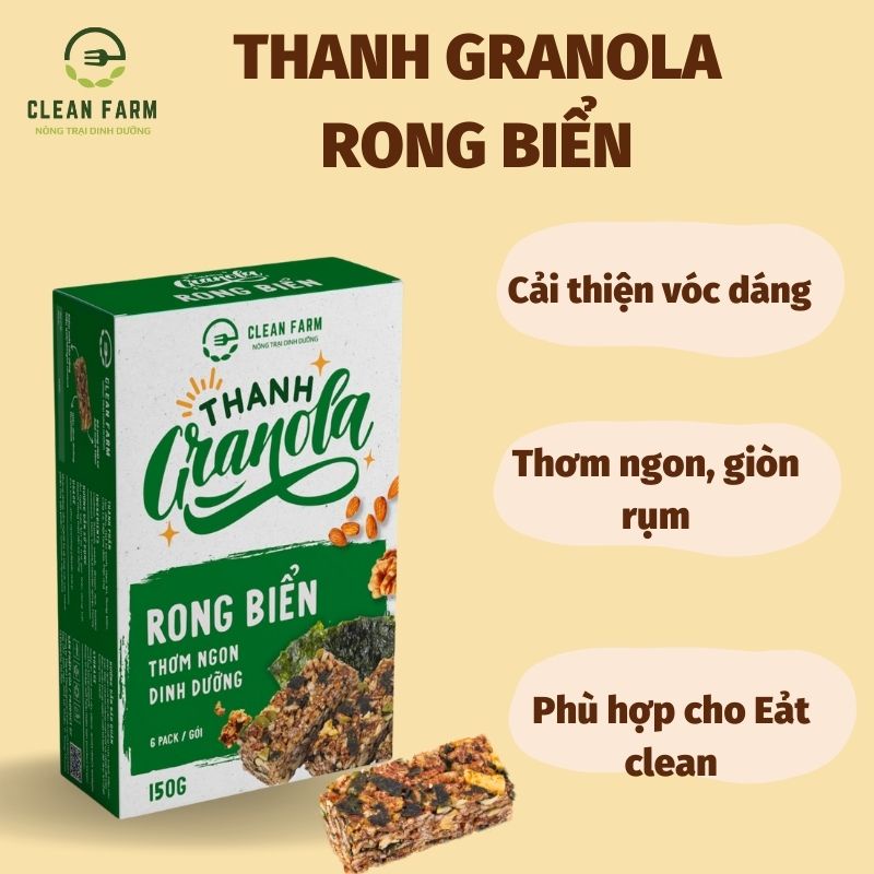 Thanh GRANOLA vị RONG BIỂN CLEAN FARM, Không Đường, Không Chiên, Thơm Ngon, Giàu Dinh Dưỡng, Không Đường