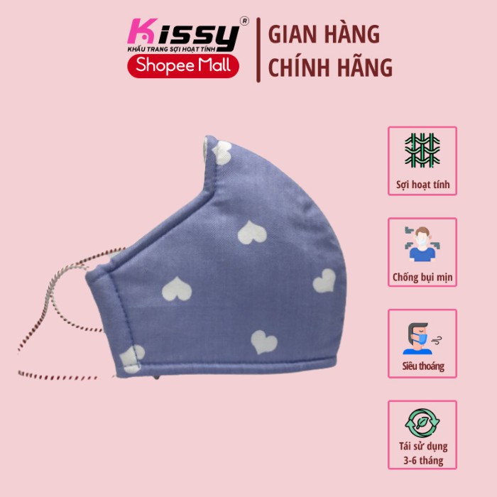 Khẩu Trang Vải 3 Lớp Kissy Người Lớn Size M Cho Nữ Họa Tiết Trái Tim Trắng Nền Xanh Chống Nắng Và Chống Bụi Mịn Hiệu Quả