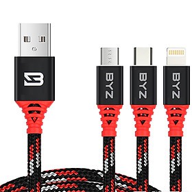 Cáp sạc vài dù 3 đầu BYZ Data 3 in 1 (USB to Type C/ Lightning/ Micro, 3A Fast Charging & Sync Data C @BYZ @capbadau