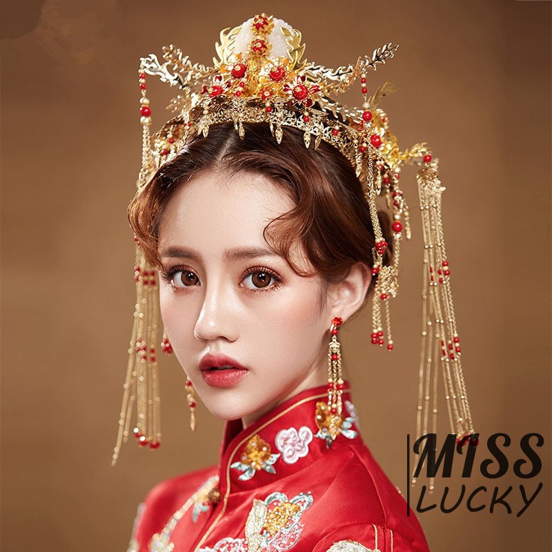 New Bride's Headwear Golden Costume Headdress Chinese Phoenix Coronet Hair Ornament Cheongsam Dress Tiara