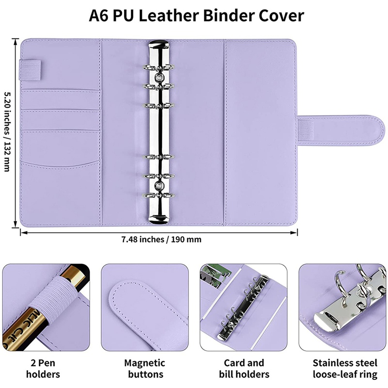 Sổ ghi chú A6 bìa da PU 6 vòng màu đen