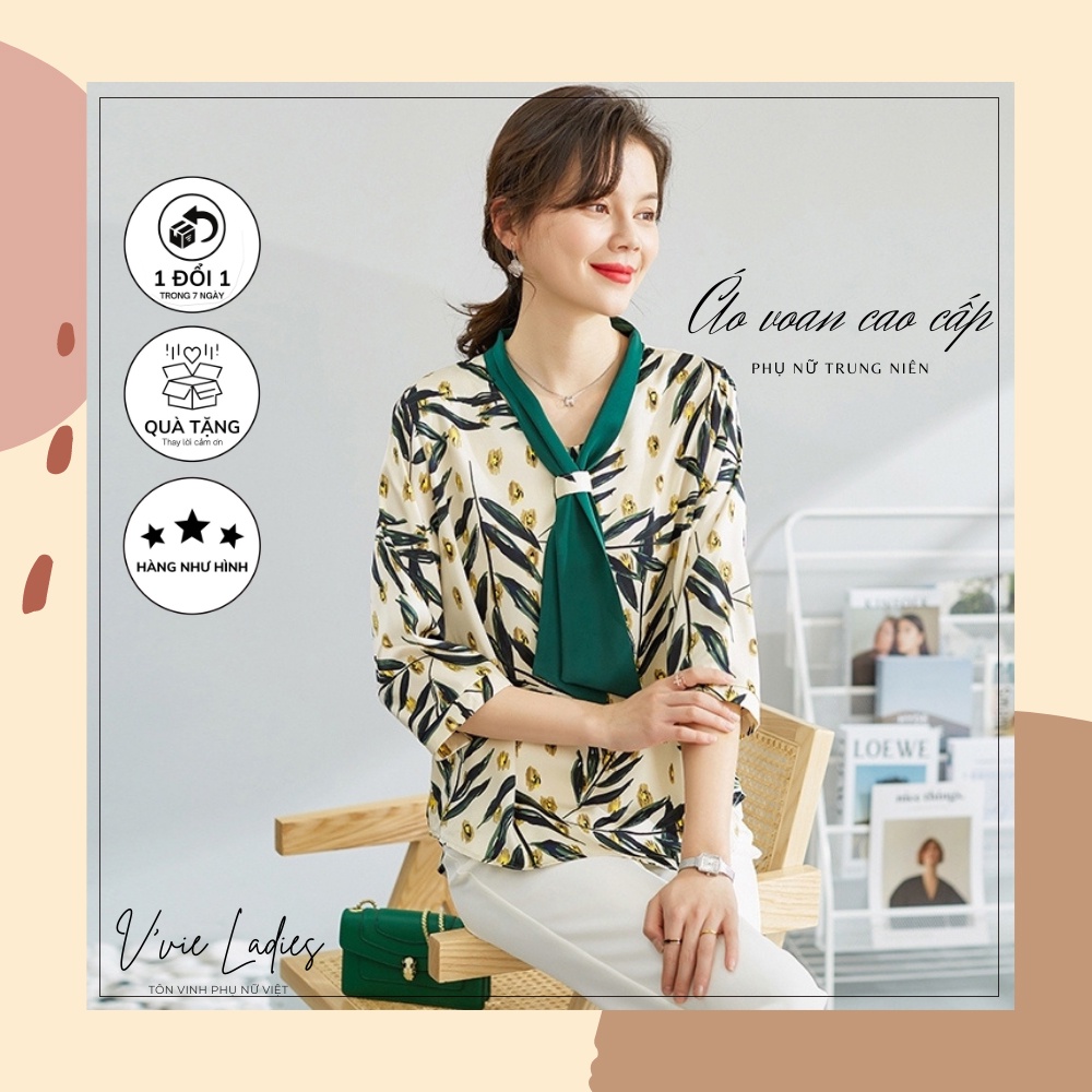[V'vie Ladies] Áo voan nữ trung niên cổ nơ, tay lỡ hàng Quảng Châu loại 1 sang trọng-Thời trang trung niên nữ cao cấp