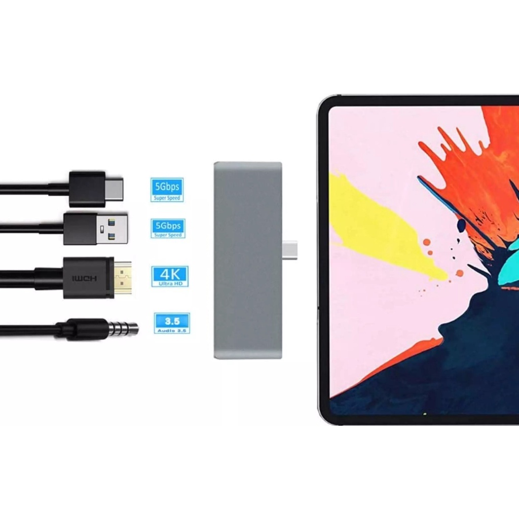 Hub Usb type-c ra 4 cổng HDMI, USB, Aux, sạc 60w cho iPad Pro 2020