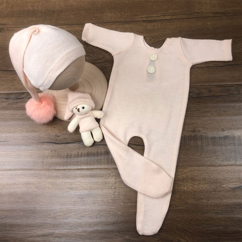 Set 3 Món Đồ Gồm Áo Liền Quần Tay Dài + Nón + Bóng Lông Cho Bé Sơ Sinh Chụp Ảnh