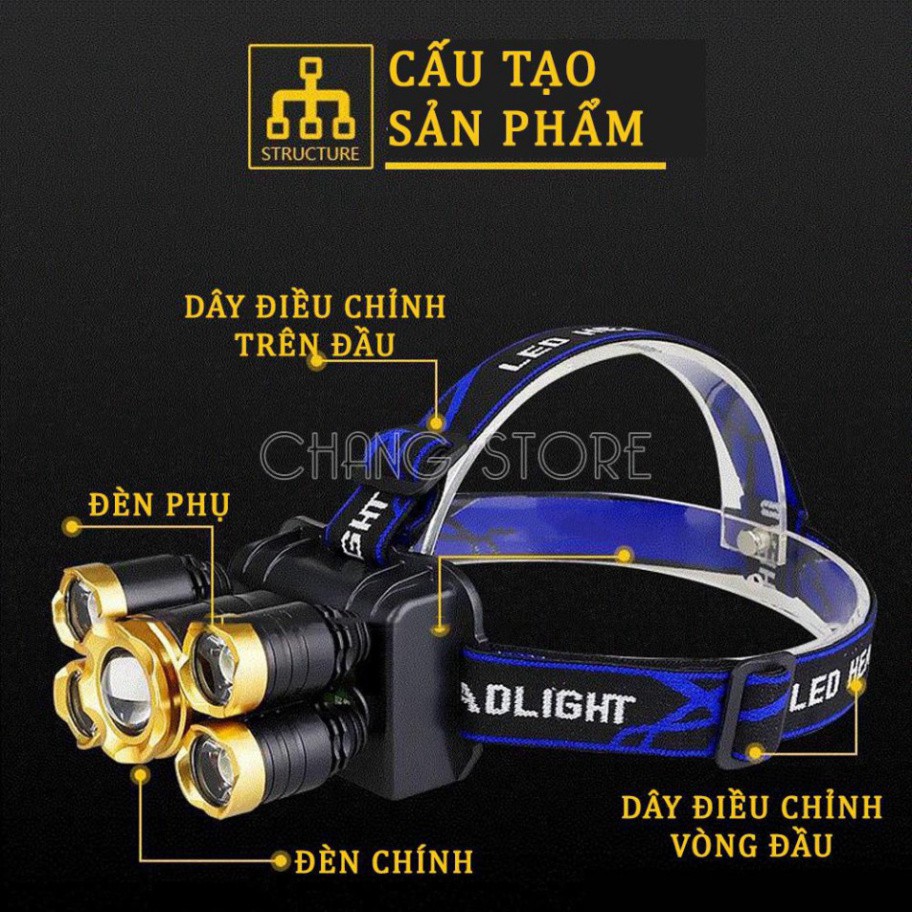 Đèn  Siêu Sáng Đội Đầu Đeo Trán 5 Bóng T6 Kèm Pin Sạc