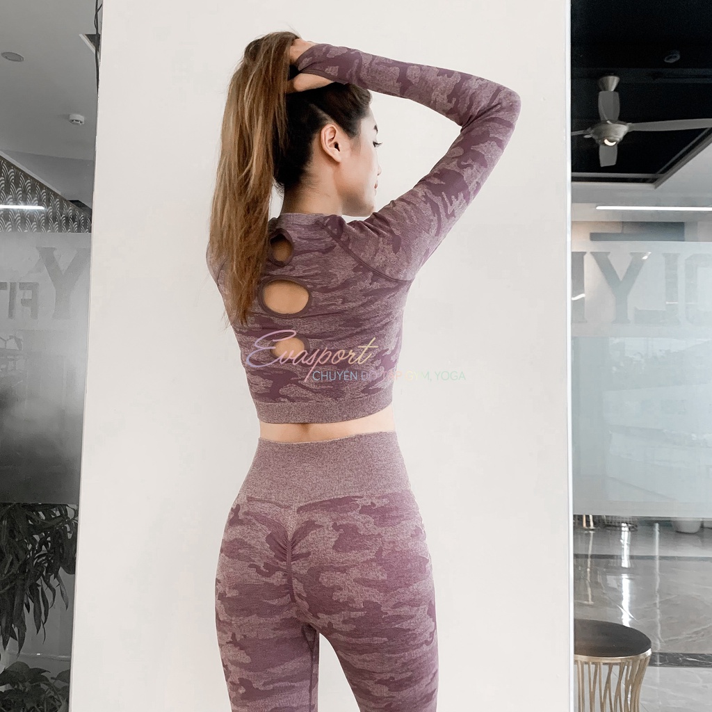 Set Đồ Tập Gym Nữ Camo Dệt Kim Phiên Bản Tay Dài Tập Gym Yoga Zumba Aerobic Thể Thao Evasport