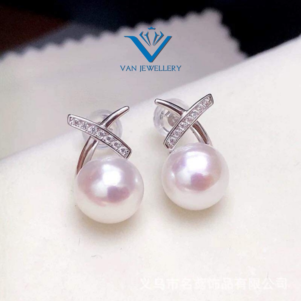 Khuyên tai bạc Khuyên XO ngọc trai nhân tạo cá tính Van Jewelry V10162