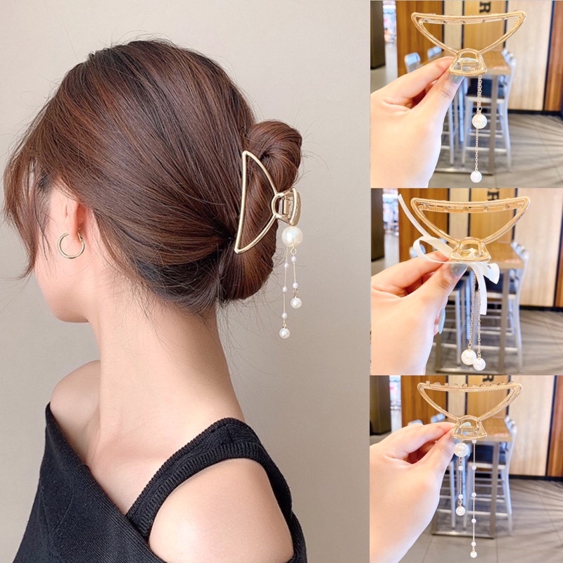 Kẹp Tóc Càng Cua Hàn Quốc Min Kẹp Tóc Kim Loại Phối Nơ Voan Hạt Ngọc Siêu Xinh Tiểu Thư