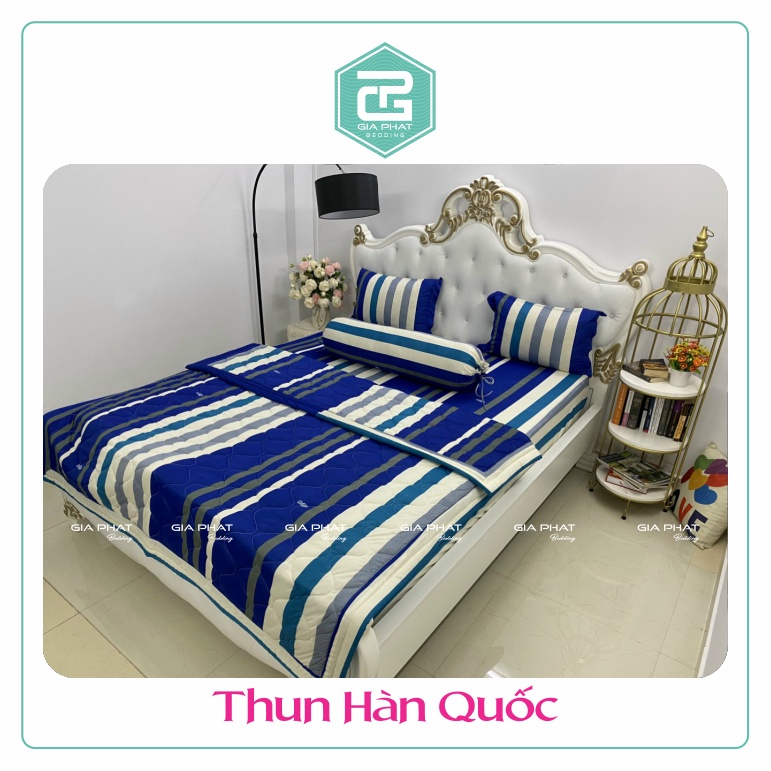 Bộ Ga Gối Thun Lạnh Hàn Quốc { 4 Món } họa tiết Sọc ( 1 ga bọc + 2 vỏ gối nằm + 1 vỏ gối ôm )