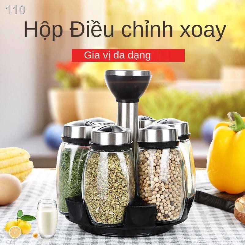 QHộp đựng gia vị xoay bộ lọ gia vị bảo quản nhà bếp Máy lắc muối kín chống ẩm hộp gia vị gia đình lọ thủy tinh