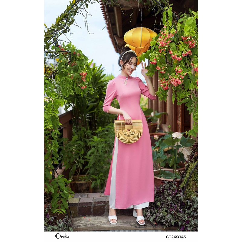 Bộ áo dài lụa trơn phối ngọc sang trọng- chất lụa cao cấp orchid GT26O143