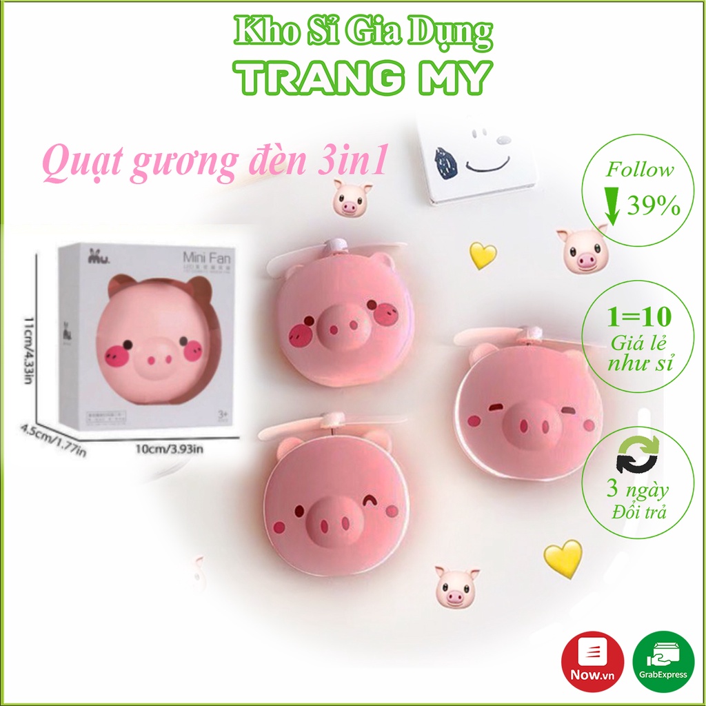 Quạt Mini Cầm Tay Tích Điện - Quạt Gương Đèn Hình Heo 3 In 1 Siêu Đẹp, Tiện Lợi