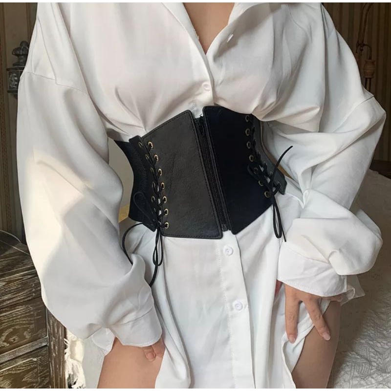 Thắt lưng áo nịt bụng cơ dãn có khoá kéo phối dây phong cách gợi cảm cho nữ, belt corset thắt 2 dây mẫu mới