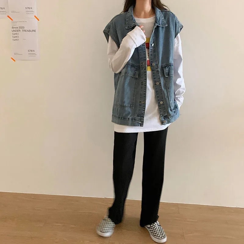Áo Khoác Jeans Áo Gile Bò Unisex Không Tay Màu Xanh Và Đen Dáng Suông Cài Cúc Cổ Sơ Mi Chất Loại 1 Phong Cách Ulzzang