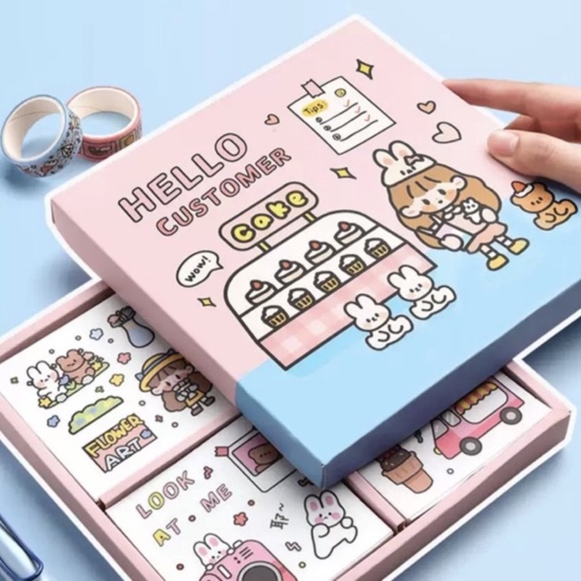 Sticker hộp 100 tấm cute Hello Customer - Tặng Hình Xăm Dán