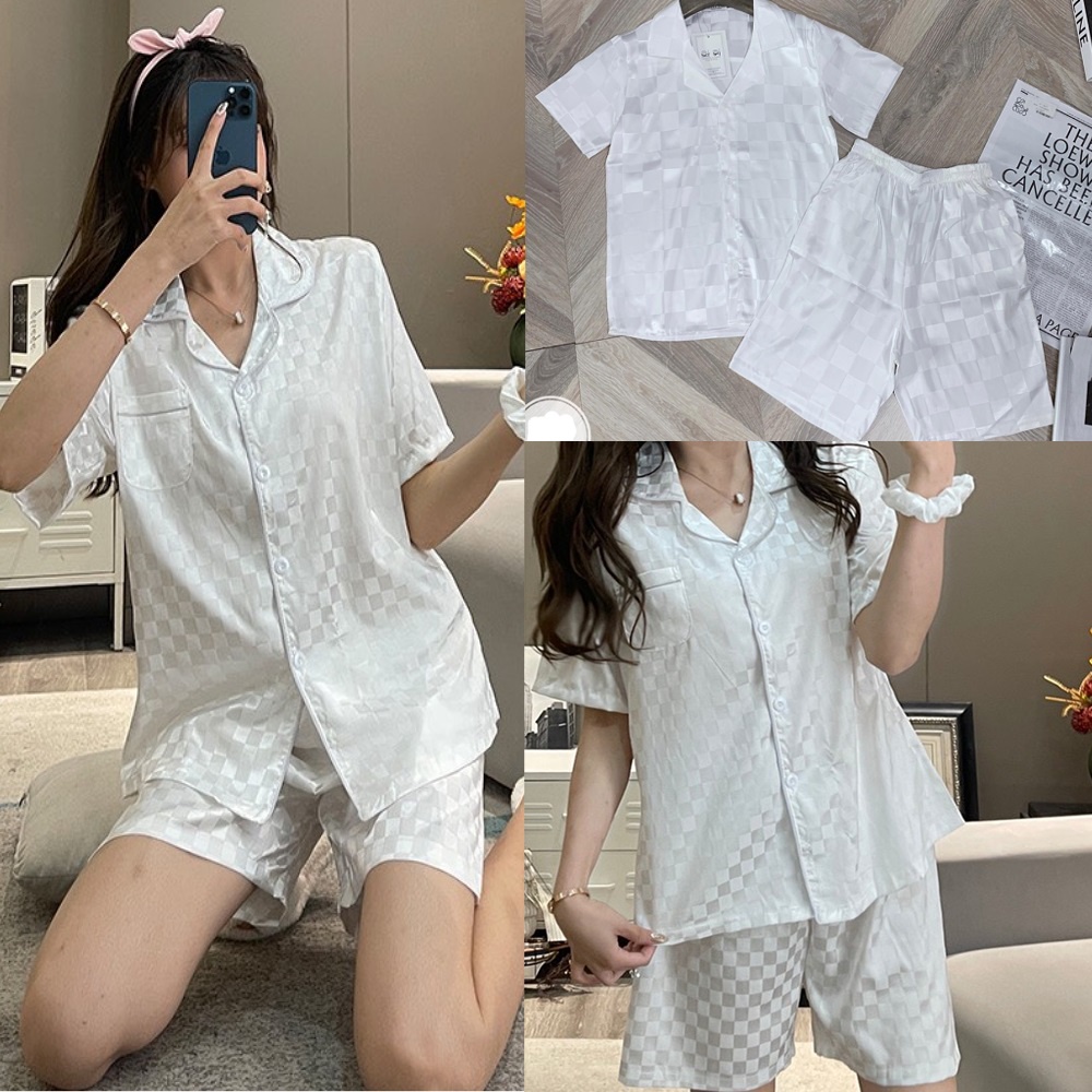 SQ019 Set đồ bộ lụa gấm satin pijama cộc tay quần đùi ngắn mặc nhà sang chảnh Bộ ngủ nữ các màu pizama hot hit