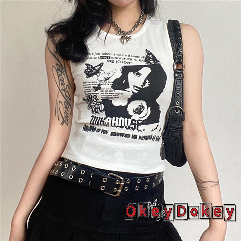 Áo Croptop Sát Nách Cổ Tròn In Chữ Thời Trang Mùa Hè Cho Nữ Y2K