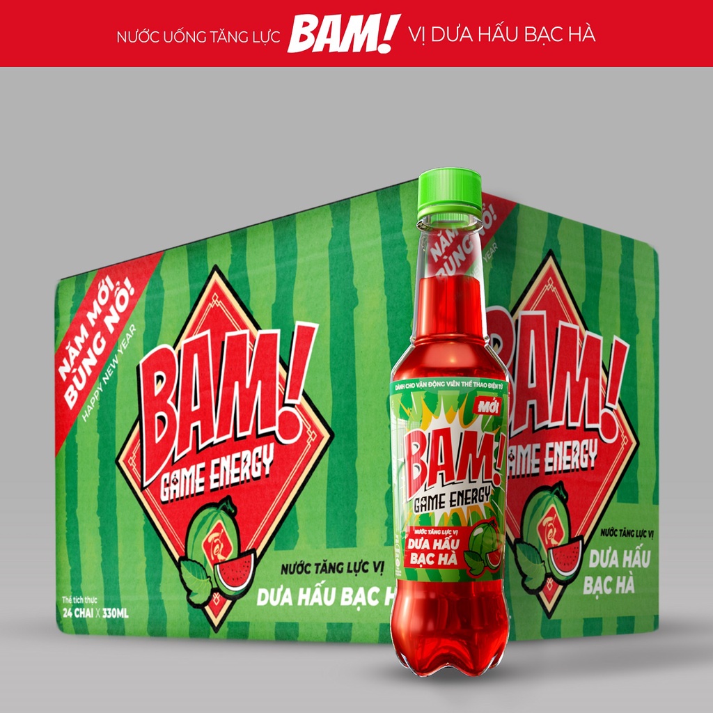 BAM GAME ENERGY - Nước Tăng Lực Dưa Hấu Bạc Hà thùng 24 chai 330ml