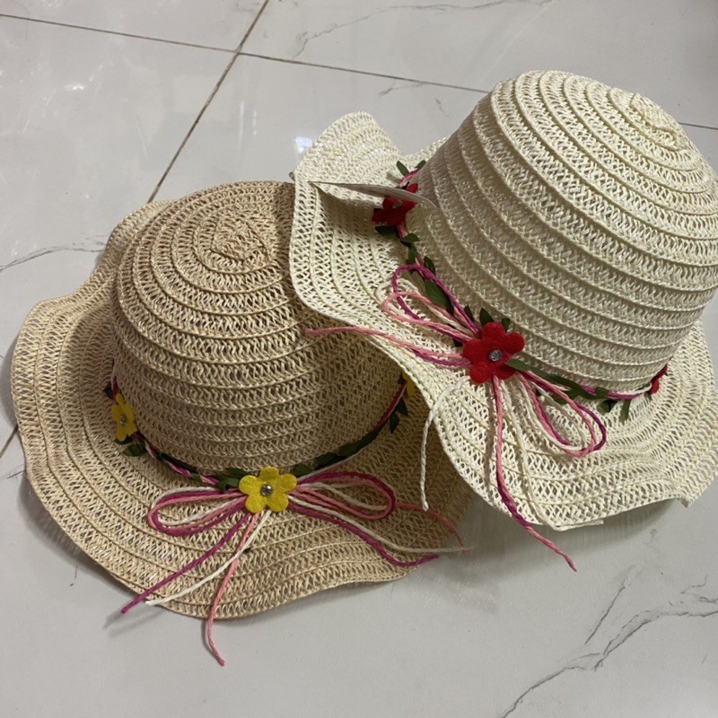 Mũ nón cói đi biển vành cong đính Hoa cho bé 2-4 tuổi