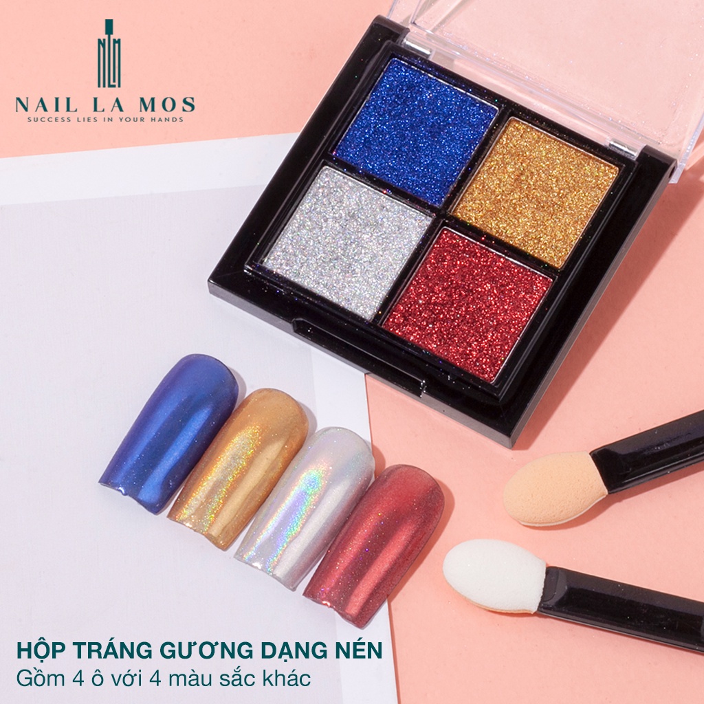 Bột tráng gương nail dạng nén 4 màu/hộp - Bột trang trí móng nhiều màu, siêu bám