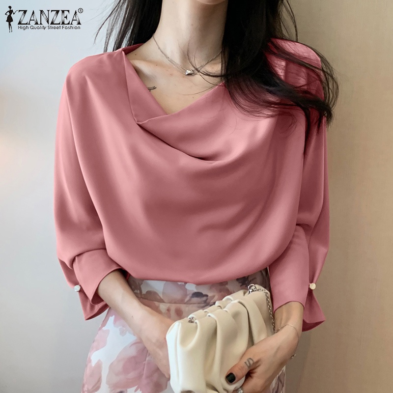 Áo kiểu ZANZEA tay lửng 3/ 4 vải satin màu trơn thời trang cho nữ