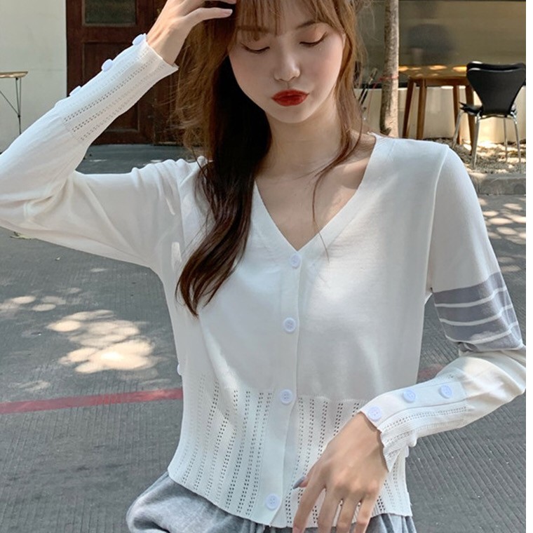 Áo khoác cardigan mỏng ôm dáng cổ chữ V dài tay phối kẻ sọc phong cách mùa thu Hàn Quốc 2020 cho nữ | BigBuy360 - bigbuy360.vn