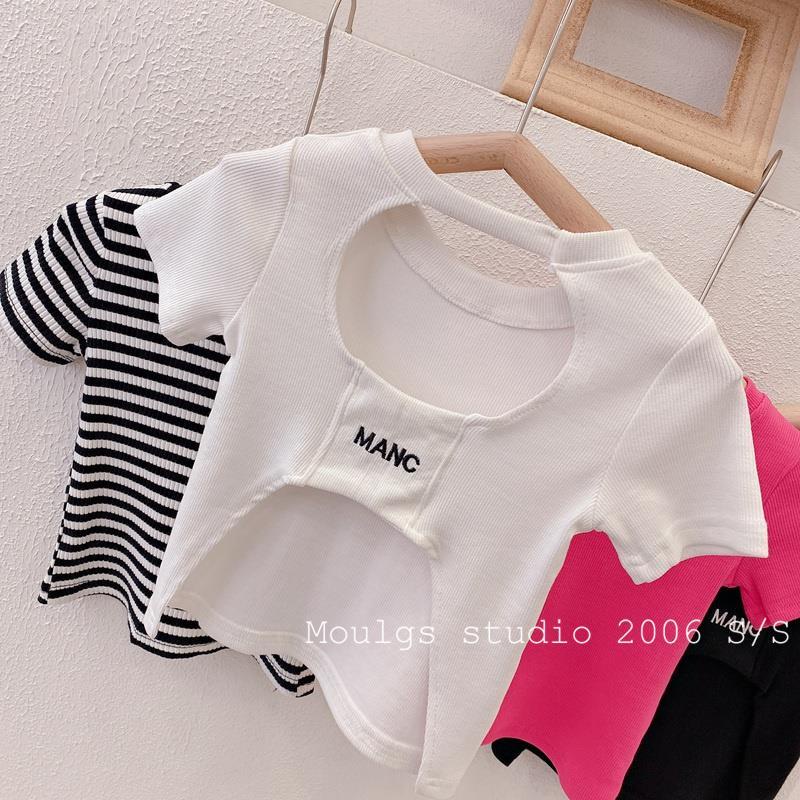 Áo Thun Cotton Tay Ngắn Hở Lưng Họa Tiết Kẻ Sọc Phong Cách Hàn Quốc Cho Bé Gái