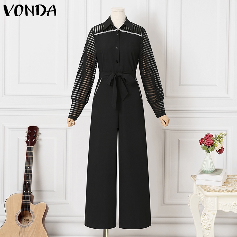 Bộ áo liền quần VONDA dài tay cổ chữ v màu trơn ống rộng thắt dây phong cách cổ điển dành cho nữ