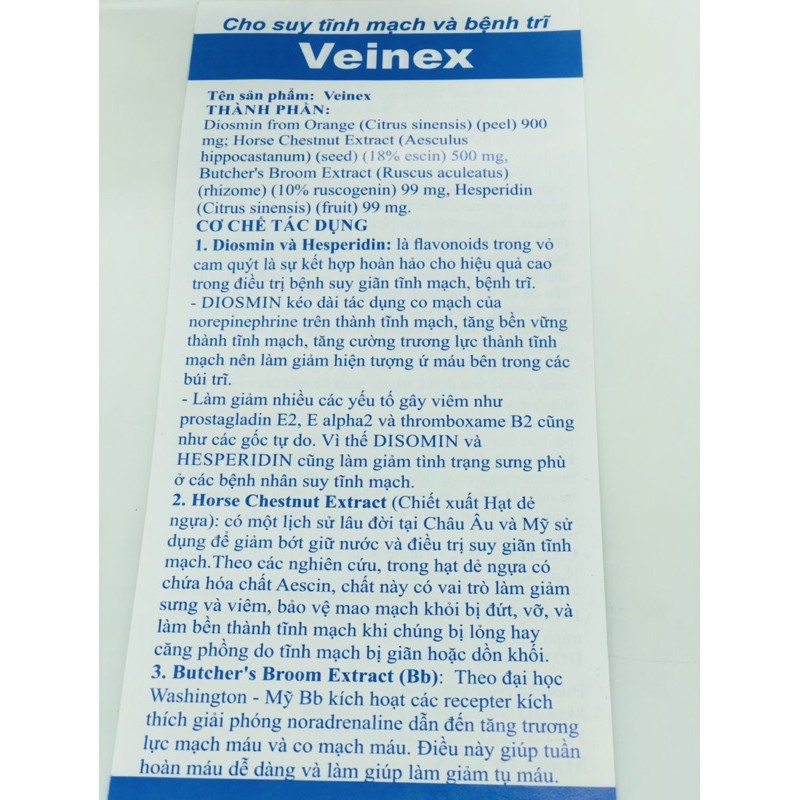 VEINEX- VIÊN UỐNG GIẢI QUYẾT CÁC VẤN ĐỀ TĨNH MẠCH VÀ TRĨ LỌ 60 viên | BigBuy360 - bigbuy360.vn