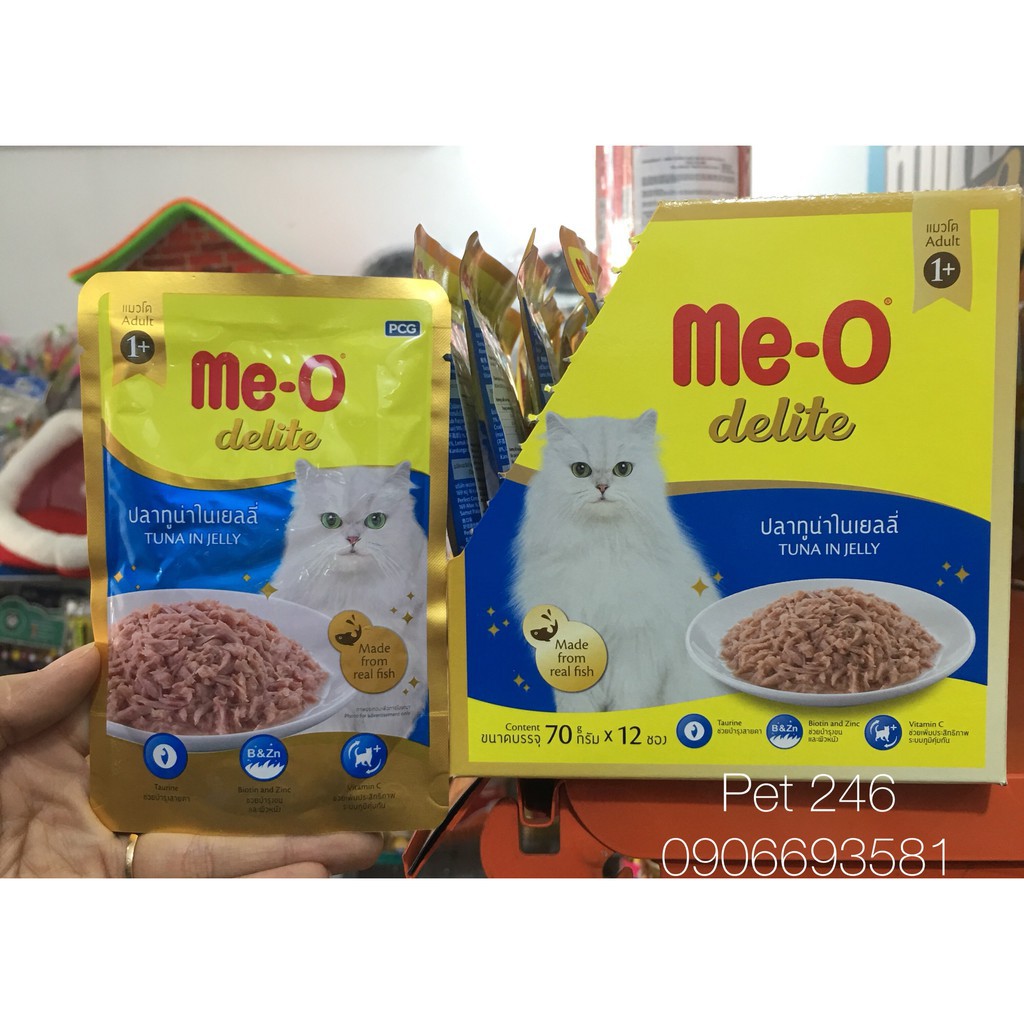 THỨC ĂN CHO MÈO Me-O delite Dạng Pate Vị cá ngừ với thanh cua nấu đông Gói 70g Xuất xứ Thái Lan