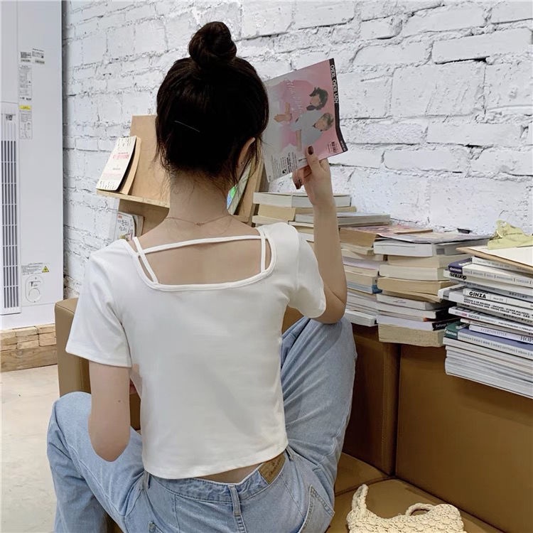 Áo Thun Ngắn Tay Cổ Vuông Đính Nơ Thời Trang Mùa Hè 2022 Phong Cách Hàn Quốc Cho Nữ