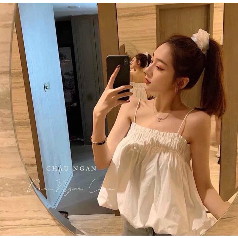 Áo 2 Dây Nữ Vintage Bo Viền Chun Ngực Vải Thô Hàn Siêu Hot(Hàng Sẵn, Ảnh Thật)