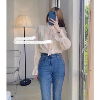 Áo sơ mi tơ xước cổ nơ