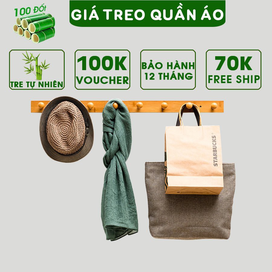 Giá móc treo quần áo gắn tường 100 ĐỐT bằng gỗ tre tự nhiên cao cấp, Sơn phủ bóng chống nước, chống mối mọt cực tốt