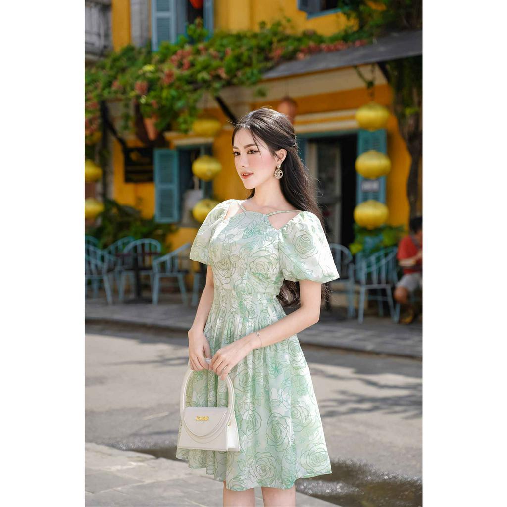 Đầm công sở Lamia Design LD189 xếp phồng phối bèo nhún màu xanh họa tiết quyến rũ