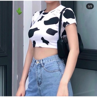 🍀Áo croptop bò sữa cổ tròn body quá đẹp laxanhchuyensi la xanh chuyen si