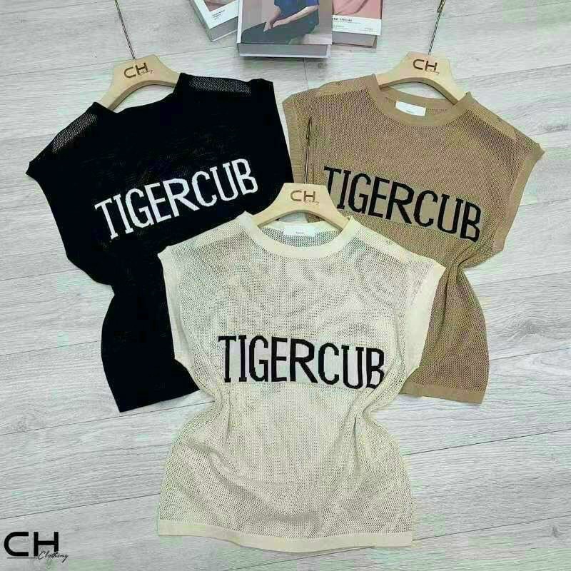 Áo len lưới mỏng tay hến in chữ, Áo kiểu mỏng sát nách dáng rộng AL7538 - NhiNhi Shop