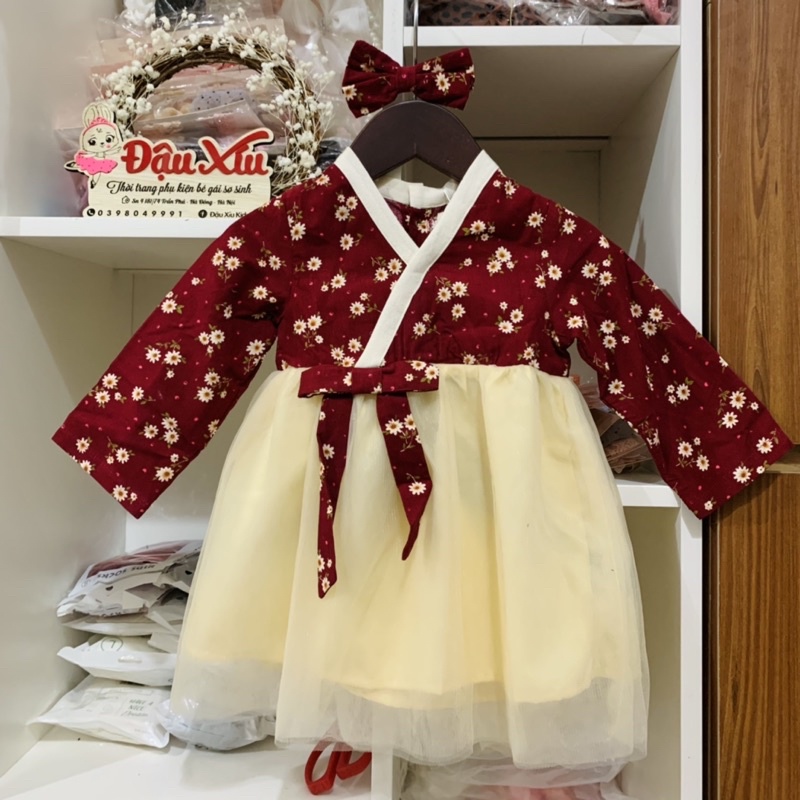 Váy Hanbok đỏ diện Tết vải nhung cao cấp cho bé gái