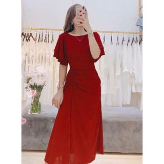 Đầm đi tiệc đỏ rút nơ eo hình thật