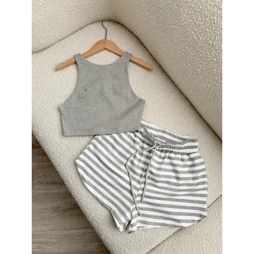 Set kiểu áo croptop ba lỗ quần đùi sọc ngang cá tính năng động tập gym đi chơi LY50