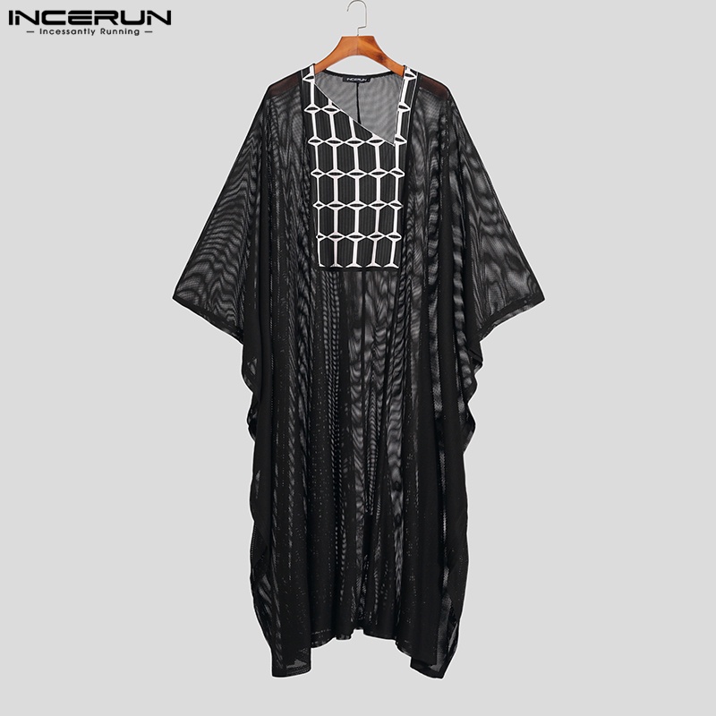 INCERUN Áo Choàng Kaftan Dài Dáng Rộng Tay Ngắn Trong Suốt Cho Nam Giới