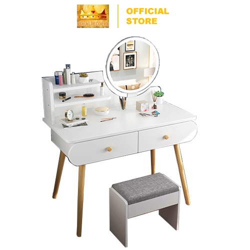 Bàn Trang Điểm ROYALDECORHN Gỗ Có Gương Có Đèn và Ghế Ngồi Nội Thất Phòng Ngủ