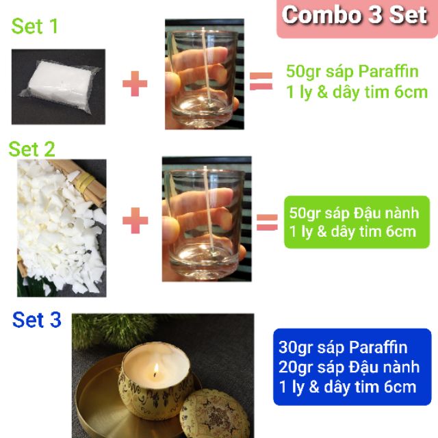 Combo 3 Set tiết kiệm tự tay làm 3 Ly nến sáp Paraffin Malaysia &amp; nến thơm sáp Đậu nành tự nhiên-9293store-9293kitdecor